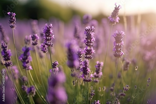 Beautiful lavender flowers on purple lavender fields background. Generative AI