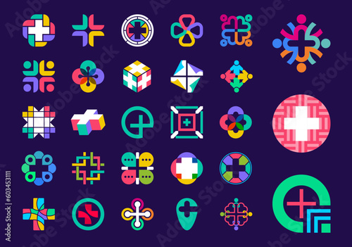 Unique Plus shape logo set. Unique color transitions. Heart plus logo template. vector