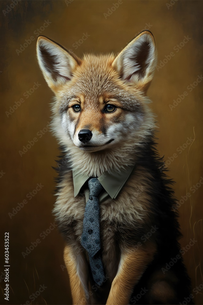 Portrait of baby coyote in a business suit. Generative AI