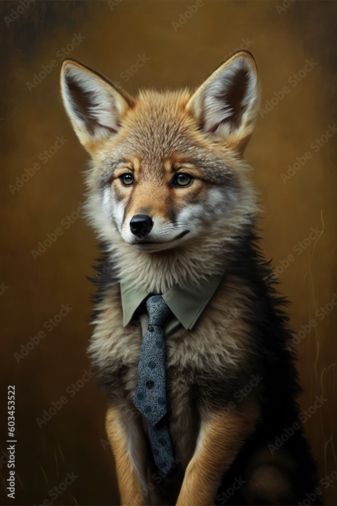Portrait of baby coyote in a business suit. Generative AI Portrait of baby coyote in a business suit. Generative AI