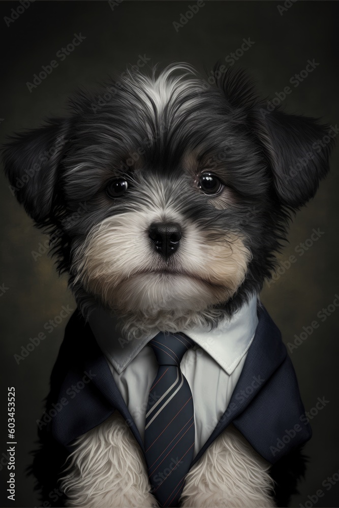 Portrait of baby dog in a business suit. Generative AI