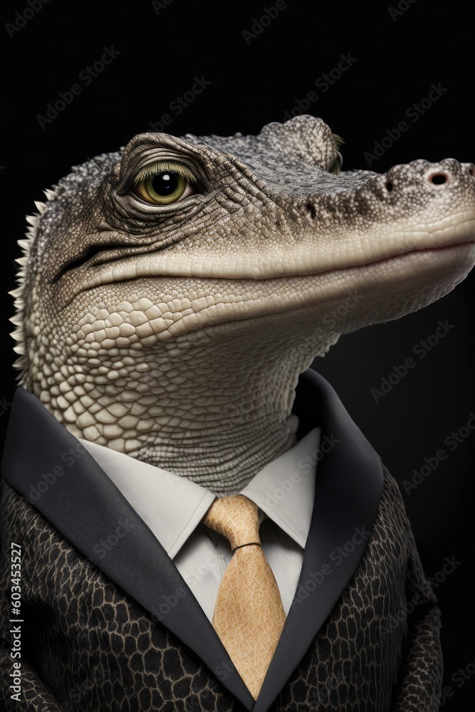 Portrait of baby crocodile in a business suit. Generative AI