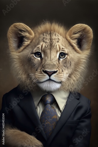 Portrait of a baby lion in a business suit. Generative AI