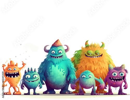 Various sizes, colors scary terrible toy monsters in a row, white background isolate. AI generated.