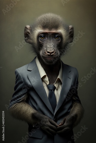 Portrait of baby baboon in a business suit. Generative AI