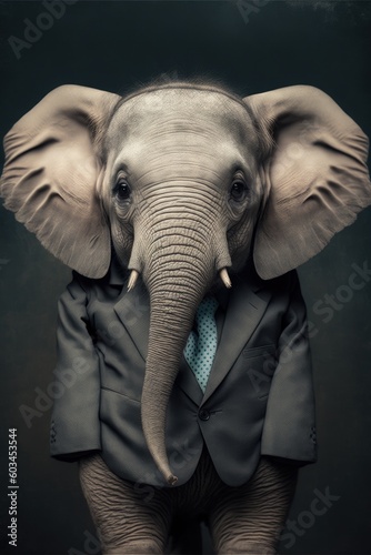 Portrait of baby elephant in a business suit. Generative AI