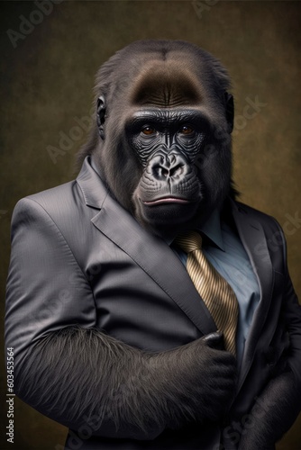 Portrait of baby gorilla in a business suit. Generative AI