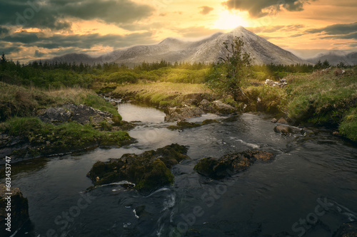 Sunrise scenery with river stream and mountains in the background at Connemara National park in County Galway, Ireland 