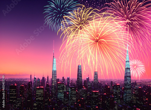 Fireworks with colorful fireworks over megacities. Generative AI.
