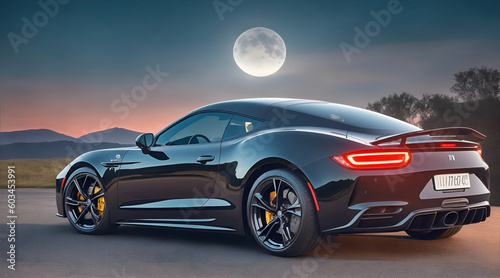 A bright black sports car glistening in the moon, a mode of transportation that will take you anywhere