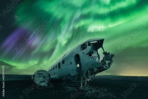 Northern Lights (Aurora Borealis) dancing over Douglas DC-3 Plane wreckage. Northern Lights on a cold night, with starry sky and polar lights over abandoned plane. Sólheimasandur beach, Iceland	
 photo