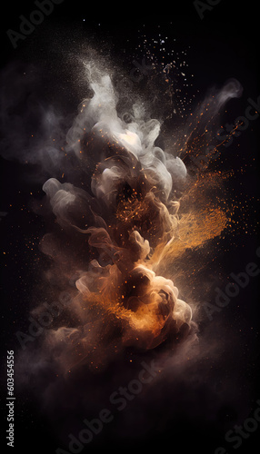 A black background textured with orange smoke and particles.