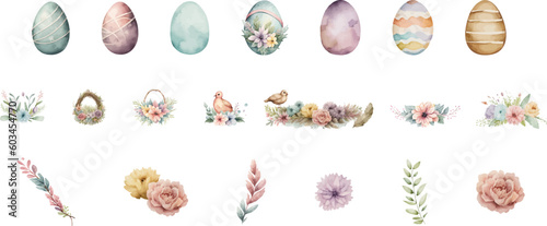 Easter watercolor decoration set. Festive colorful eggs and floral elements isolated on background.
