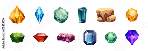 Diamond gemstone vector cartoone style illustration. Magic stones precious set.