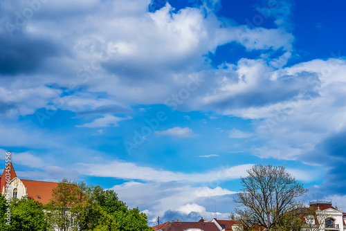 blue sky background with clouds over trees in the city