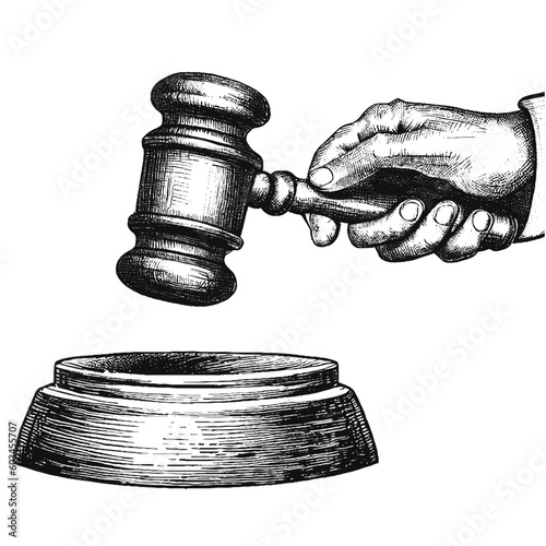 Fotografia judge gavel, hand with auction hammer sketch