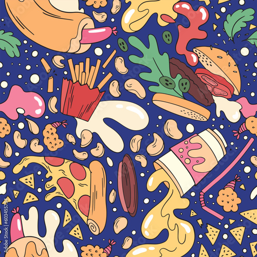 Seamless pattern with fast food flying in space  sauce splashes in weightlessness