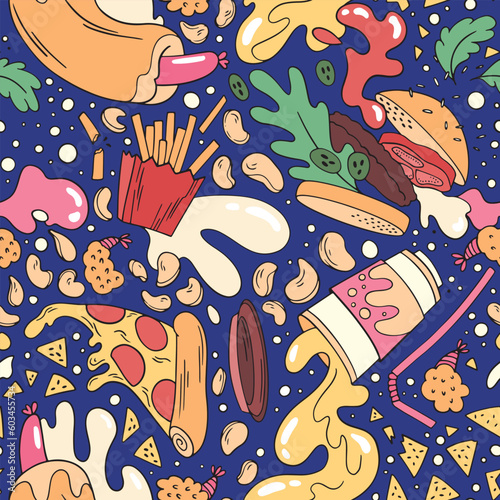 Seamless pattern with fast food flying in space, sauce splashes in weightlessness