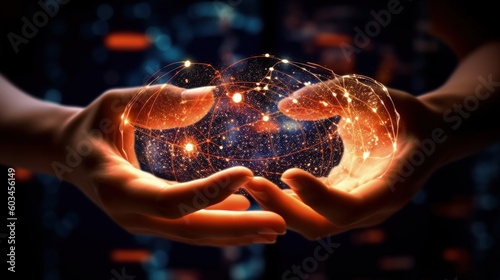 Hands with virtual global internet connection metaverse Illustration AI Gener...