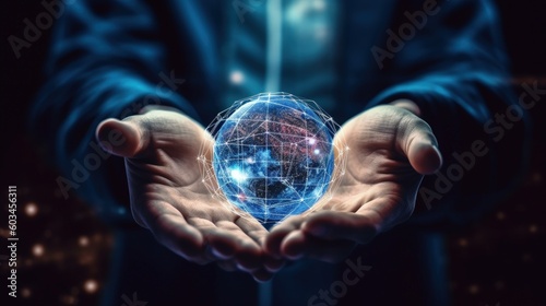Hands with virtual global internet connection metaverse Illustration AI Gener...