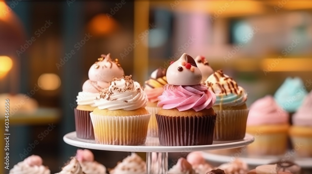 Dessert stand with delicious cupcakes Illustration AI Generative. Dessert stand with delicious cupcakes Illustration AI Generative.