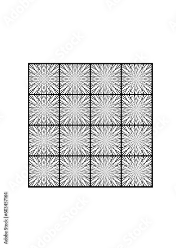 quadratische fläche gefüllt mit sechzen gleichgroßen quadraten jeweils gefüllt mit einem komplexen netz von strahlenförmigen schwarzen linien, modern art 