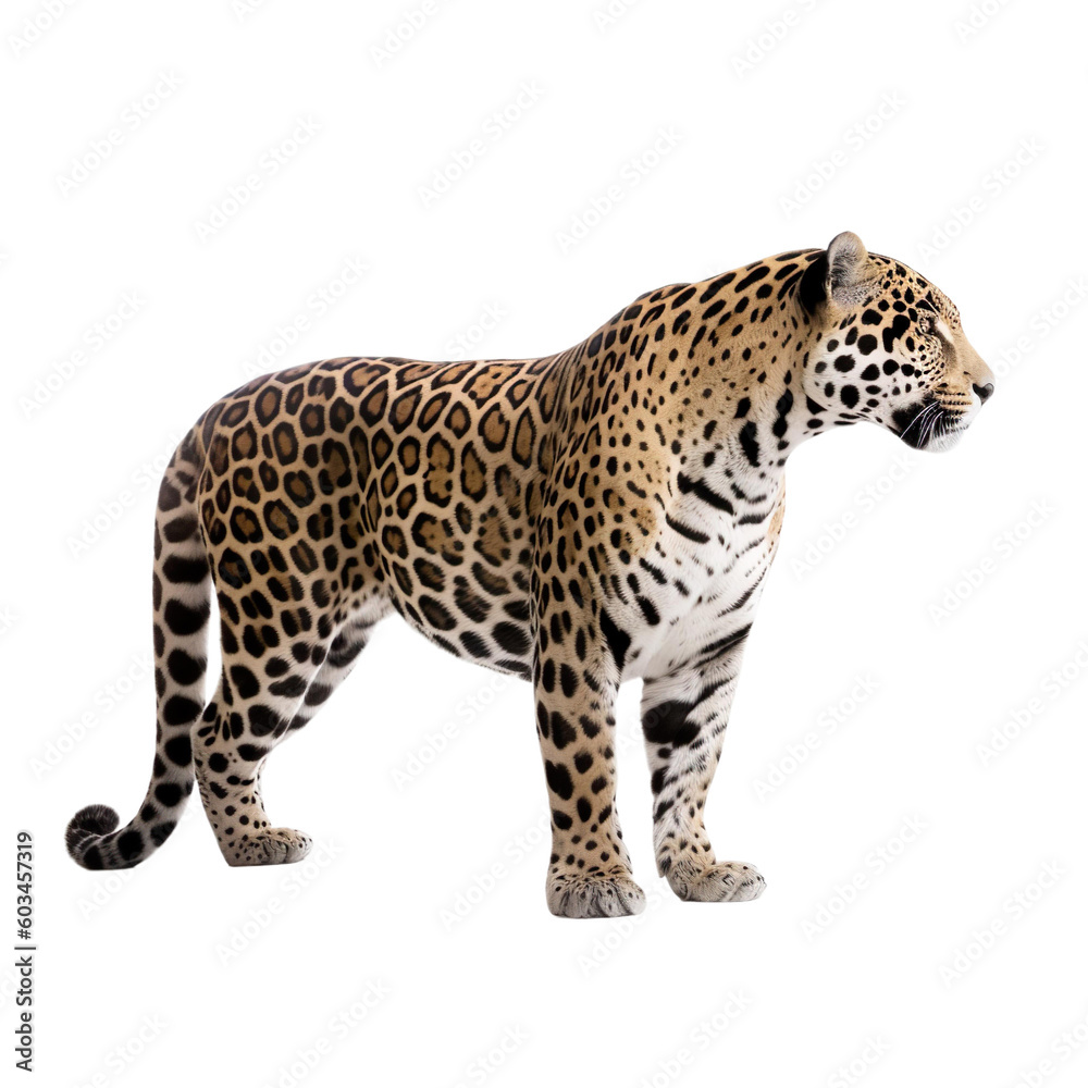 Naklejka premium Side view of animal Jaguar standing on a transparent background, Generative ai
