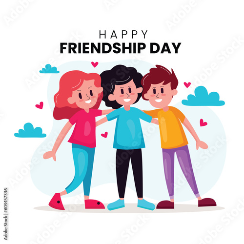 Happy Friendship Day Cute Cartoon character Illustration with Young Boys and Girls of Hugging Together or Putting Their Hands in Flat Style Vector. Friendship day banner, poster, template design.
