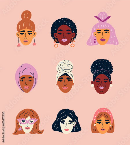 Multiethnic women. Group of beautiful women with diverse faces. Feminist and body positive concept of independence and equality. Cartoon vector illustration.