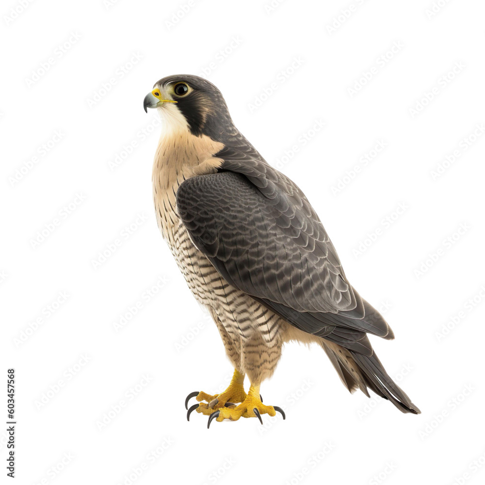 Side view of animal Peregrine Falcon standing on a transparent background, Generative ai Side view of animal Peregrine Falcon standing on a transparent background, Generative ai