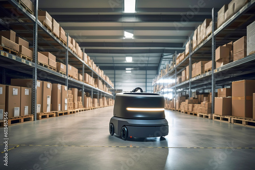 Autonomous robot delivery in warehouses. Smart industry concept. Generative AI illustration © colnihko