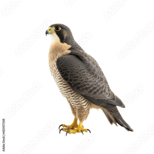 Side view of animal Peregrine Falcon standing on a transparent background, Generative ai