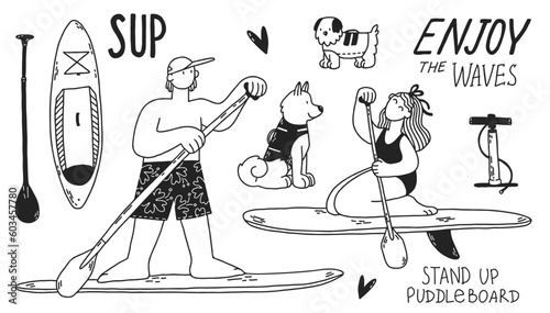 Young woman and man on stand up paddle board. Dogs in life vests. Cartoon girl and boy surfing on SUP. Black and white vector set of hand-drawn illustrations