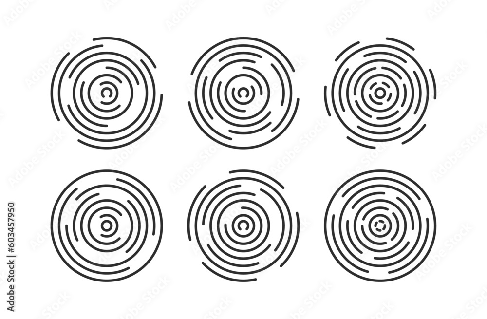 circular ripple icon set. Concentric circles with broken lines isolated on white background. Vortex, sonar wave, soundwave, sunburst, signal signs circular ripple icon set. Concentric circles with broken lines isolated on white background. Vortex, sonar wave, soundwave, sunburst, signal signs