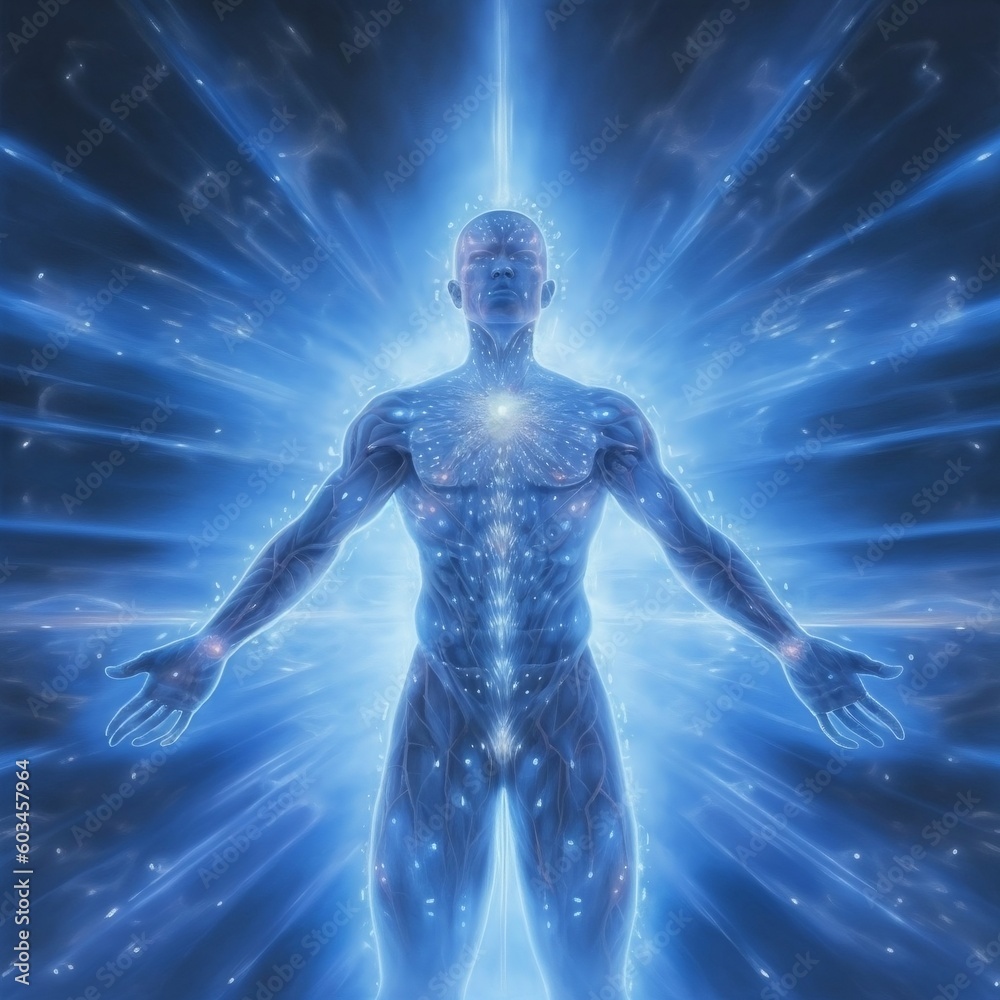 a human body with healing abilities, lights, blue, silver, surreal, science, glowing , superpowers a photograph by arold edgerton