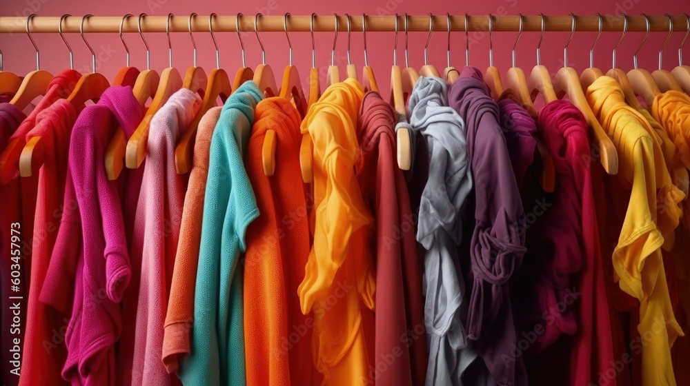 Colorful clothes hang on hangers Illustration AI Generative.