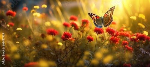 a butterfly flies on a field of flowers Generative AI © SKIMP Art