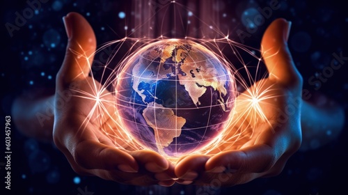 Hands with virtual global internet connection metaverse Illustration AI Gener...