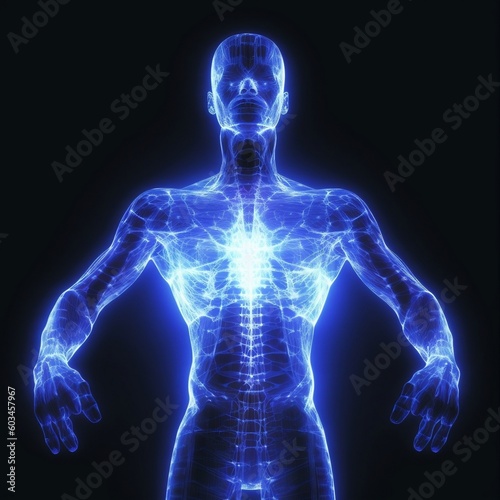 a human body with healing abilities, lights, blue, silver, surreal, science, glowing , superpowers a photograph by arold edgerton © Artem