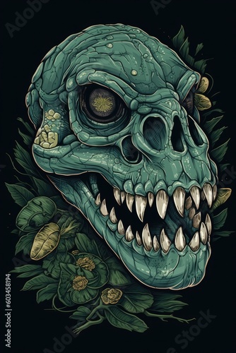 Cartoon Reptile skull Tshirt design. Generative AI © Razvan