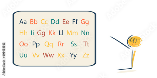 the character teaches the alphabet. Image of letters of the alphabet on a blackboard, school, children, learning, education, spelling