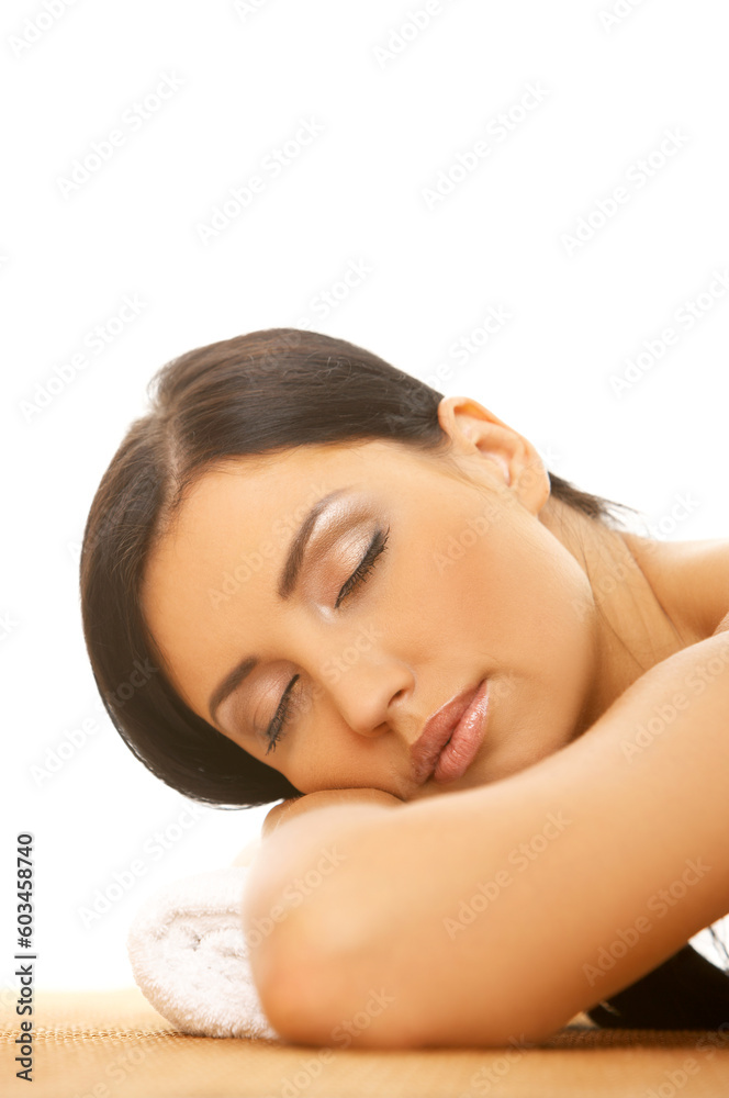 Portrait of Fresh and Beautiful brunette woman taking stone therapy Portrait of Fresh and Beautiful brunette woman taking stone therapy