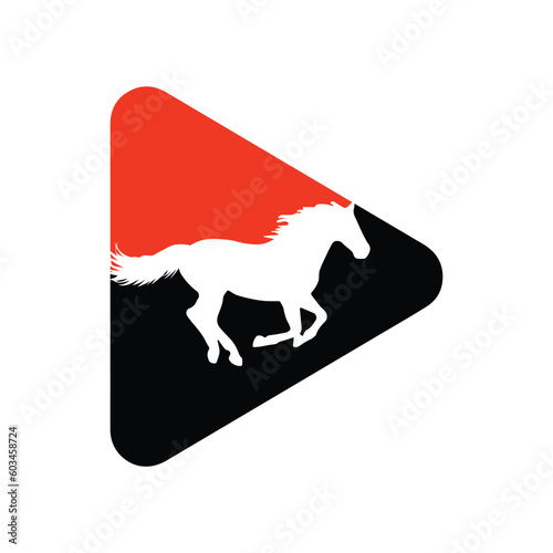 Horse running icon vector illustration inside a shape of play button red and black color.	
