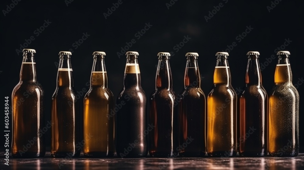 Glass bottles of beers. Illustration AI Generative
