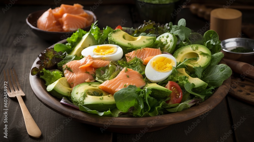 Salmon salad - smoked salmon, hard-boiled eggs, avocado Salmon salad - smoked salmon, hard-boiled eggs, avocado