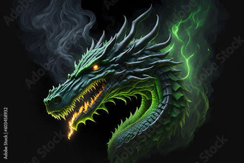 green dragon on a black background  Illustration of Infuriated Dragon with Fire Flames in Green Color on Black Background for Design Generative AI