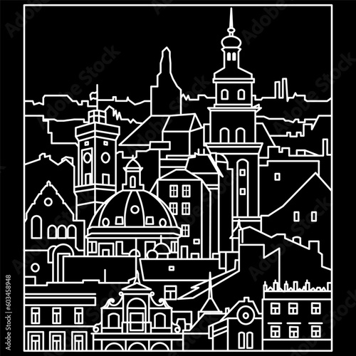 vector monochrome illustration with silhouettes of houses of the ancient city. impressive outline drawing