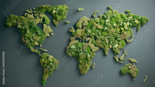 World map from green leaves. Illustration AI Generative.