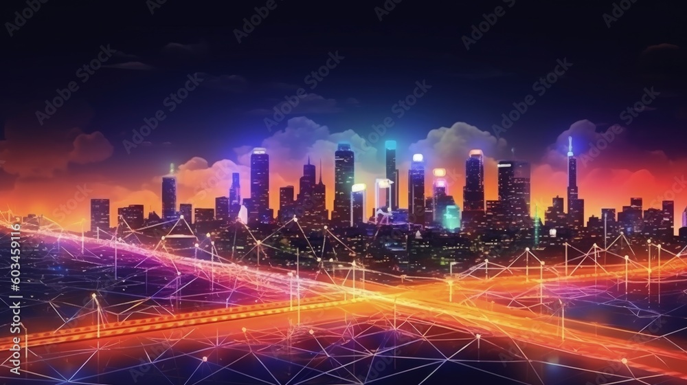 Smart city and polygon pattern connection with speed line technology Illustration AI Generative.