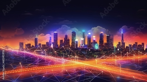 Smart city and polygon pattern connection with speed line technology Illustration AI Generative.